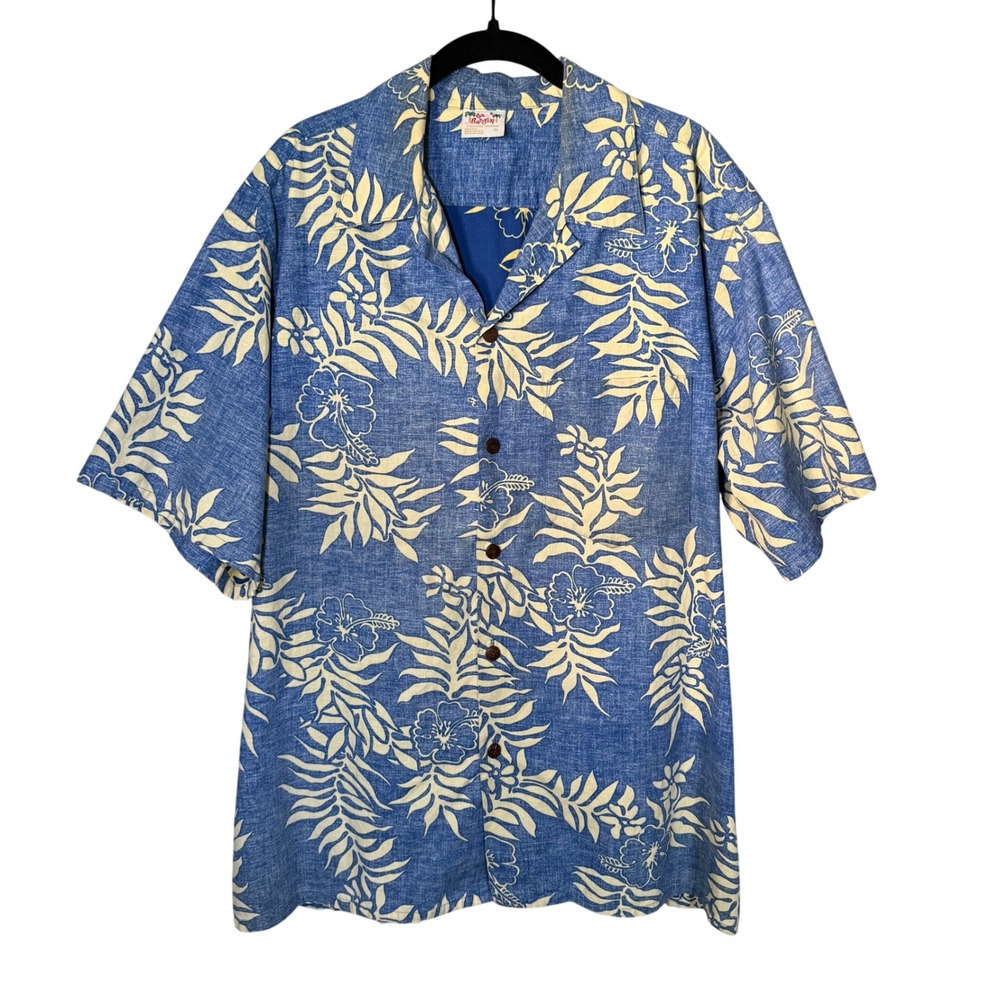 Go Barefoot Hawaiian Shirt Mens XL Blue Floral Hibiscus Cotton Made in USA Aloha